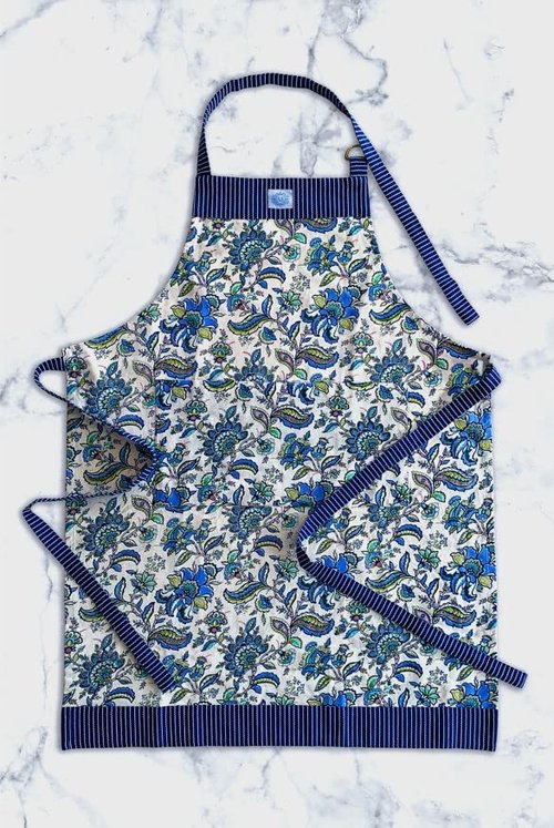 Mary DiSomma Designer Luxe Apron | Signature Floral Print Design, Navy Blue Stripe Weave, Adjustable Waist Strap, Divided Front Pocket and Adjustable Neck Strap with Gold Double Ring Clasp