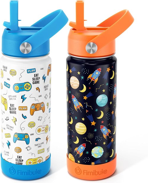 Fimibuke Kids Insulated Water Bottle - 18oz BPA-Free Stainless Steel Tumbler | Leak-Proof, Double Wall Design (2 Pack, Game + Space)