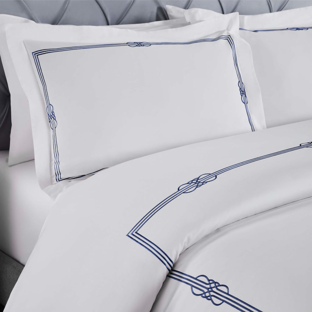 Superior Embroidered Cotton Duvet Cover Set, Soft Bedding Covers, Bedroom, 1 Duvet Cover with Button Closure, 2 Pillow Shams, Elegant Design, Moonlawn Collection, Full Size/Queen Size, White/Navy Blue