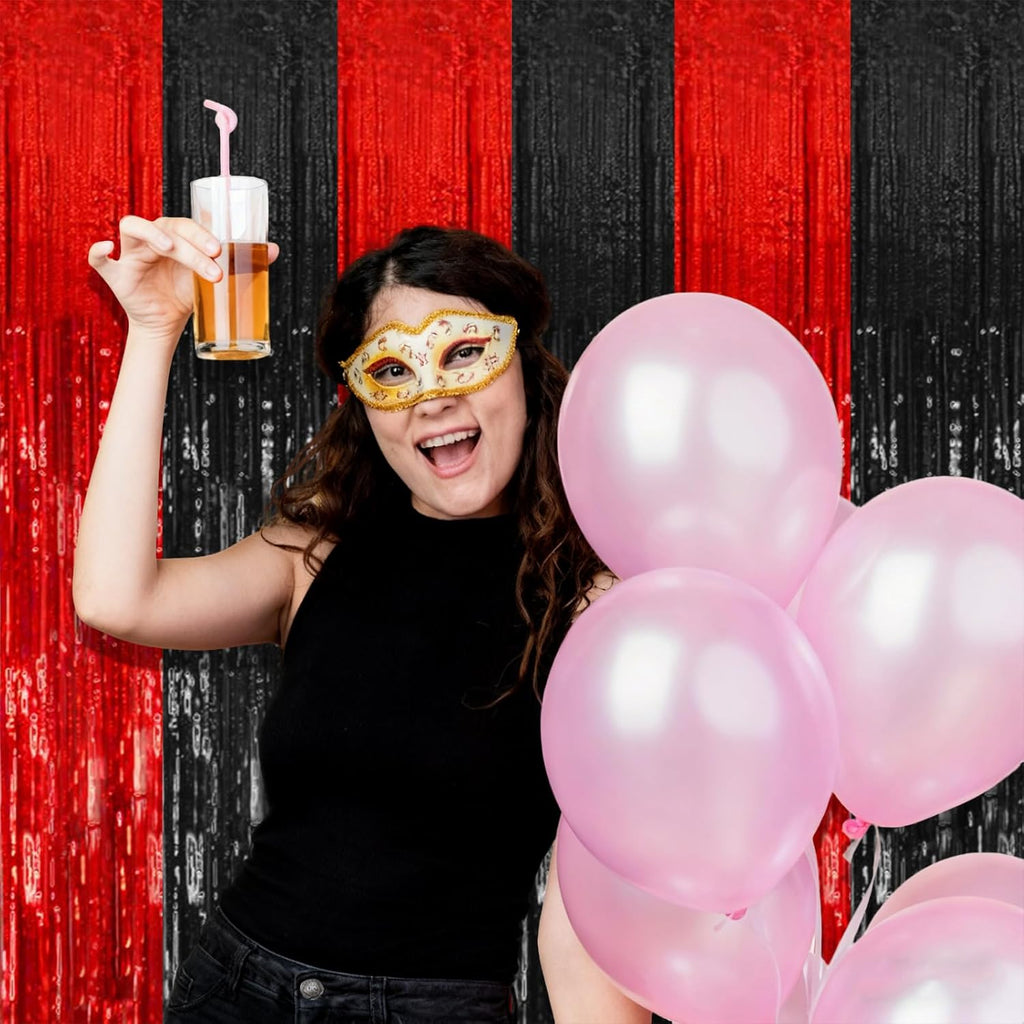 Skiennix 10 Pack Tinsel Curtain Backdrop Decorations - Black & Red Foil Fringe for Parties & Events