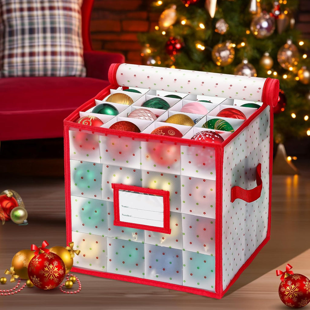 Christmas Tree Ball Organizer - Hard Plastic Ornament Storage Box for Up to 64 Ornaments