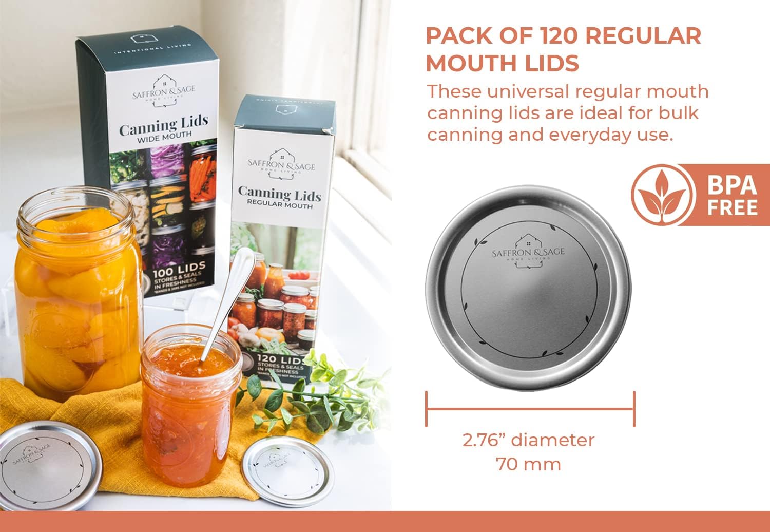 Saffron & Sage Canning Lids - 120 Count Regular Mouth Universal Lids for Ball & Kerr Jars | Food Grade, Rust Proof, Durable Seal