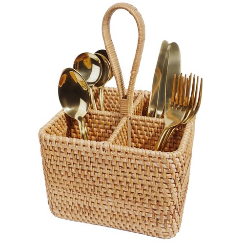 Natural Wicker Utensil Caddy with Built-in Handles，Wicker Silverware Caddy with 4 Compartments，Spoon Cutlery Holder Utensils Organizer，Condiment Organizer Silverware Holder(7.09 * 5.12 inch)