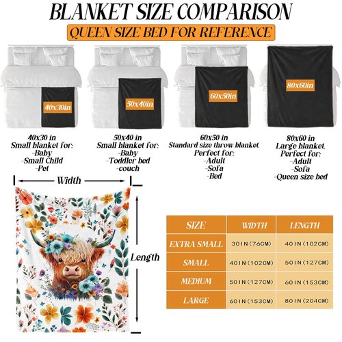 CaomeiWu Highland Cow Blanket, 40"x50" Flannel Cute Highland Cow Themed White Throw, Soft Nap Throw Blanket for Home Boys Girls Women