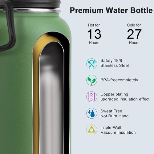 Koodee Insulated Water Bottle - 32 oz Stainless Steel Double Wall Vacuum | Leakproof Spout Lid in Grass Green