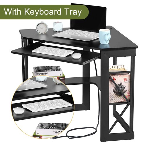 VECELO Corner Computer Desk 41x30 inches with Charging Station & Keyboard & Storage Shelves for Small Space,Triangle Table for Home Office Bedroom,Black