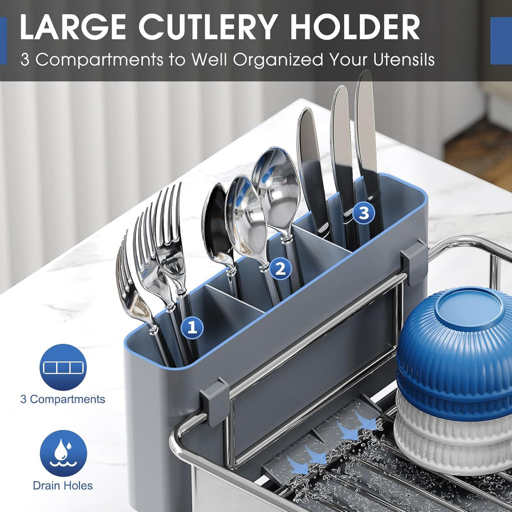 Urackify Stainless Steel Dish Drying Rack - Large Capacity Kitchen Organizer with Drain Board & Utensil Holder
