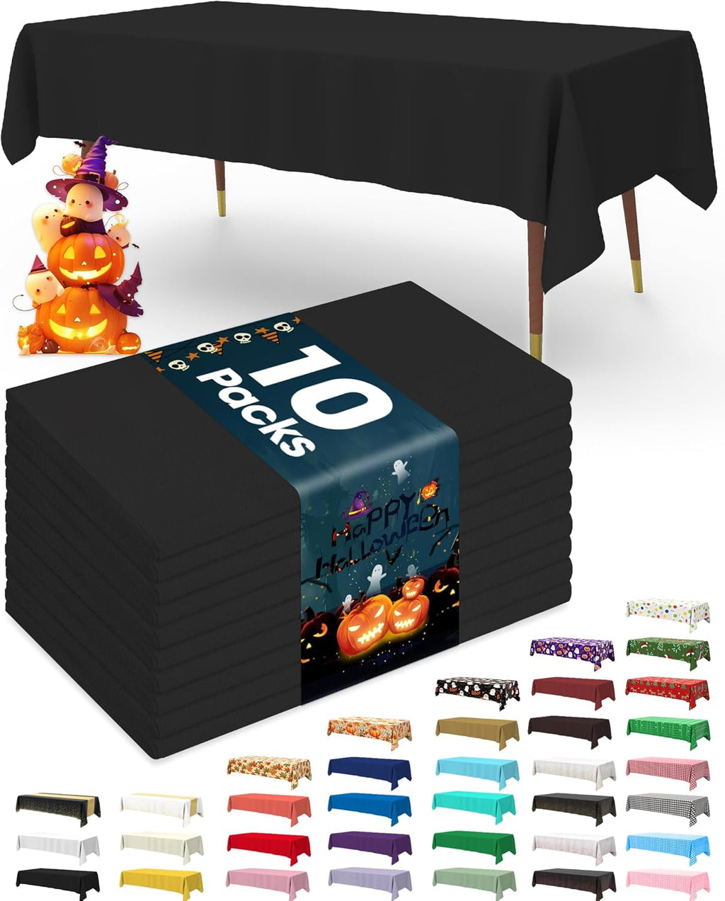 Pureegg Disposable Plastic Table Cloths - 10 Pack, 54 x 72 Inch, Leakproof & Sturdy for Halloween Decor