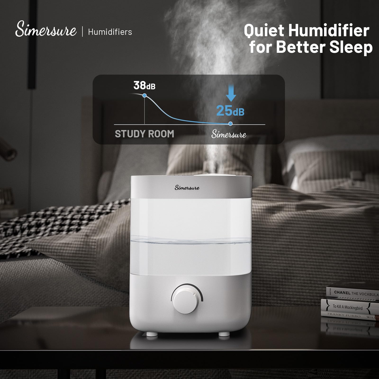 SimerSure Top Fill Humidifier, 2L Water Tank for Bedroom, 28H Long Lasting White Air Humidifier for Large Room, Ultra Quiet 25dB Cool Mist for Baby, Plants, Office, Easy to Clean & Fill