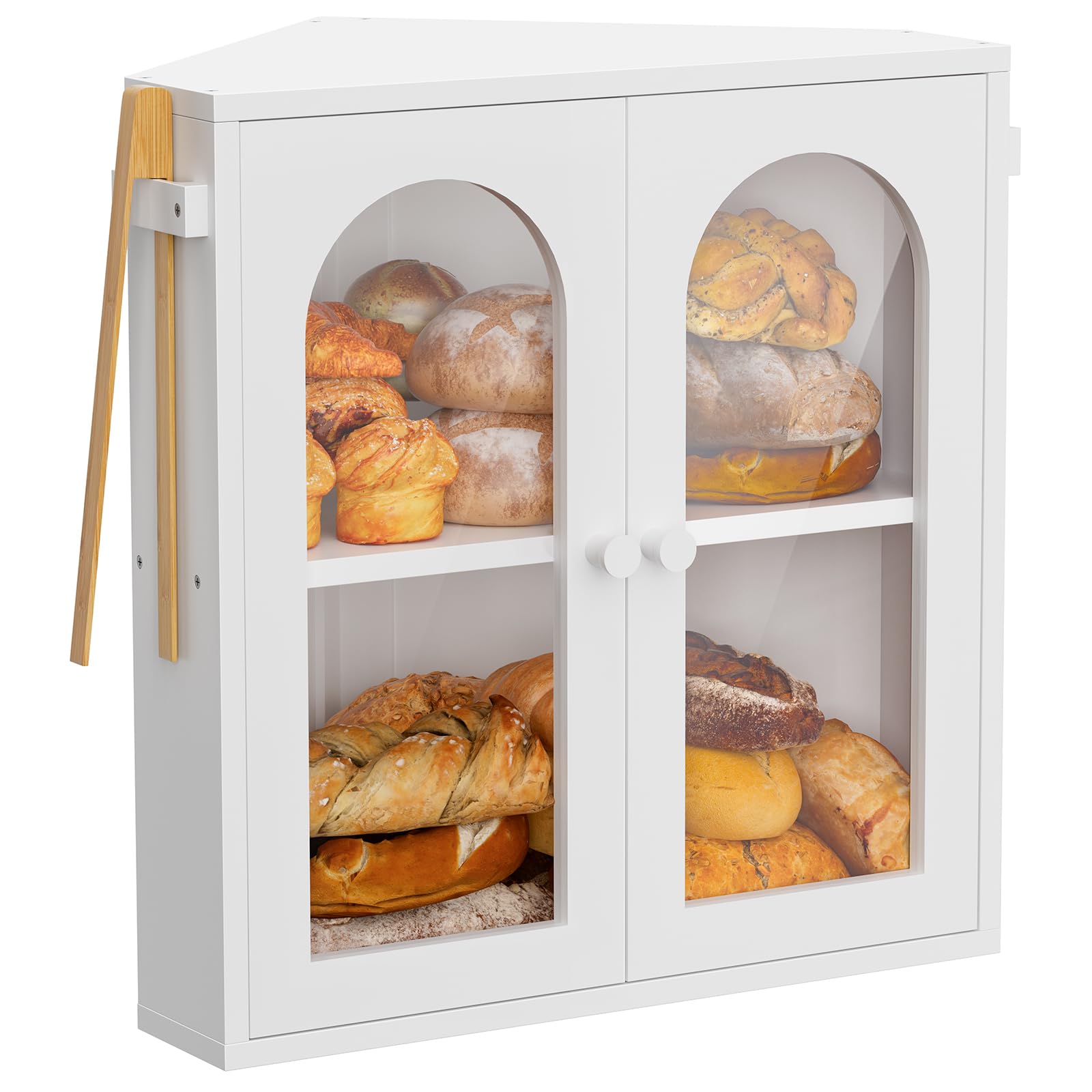 WOWLIVE Corner Bread Box for Kitchen Countertop, 2 Tier Bamboo Bread Storage Container for Homemade Bread with Clear Acrylic Door Panel, Bread Bin Farmhouse Breadbox Organizer (White, Extra Large)