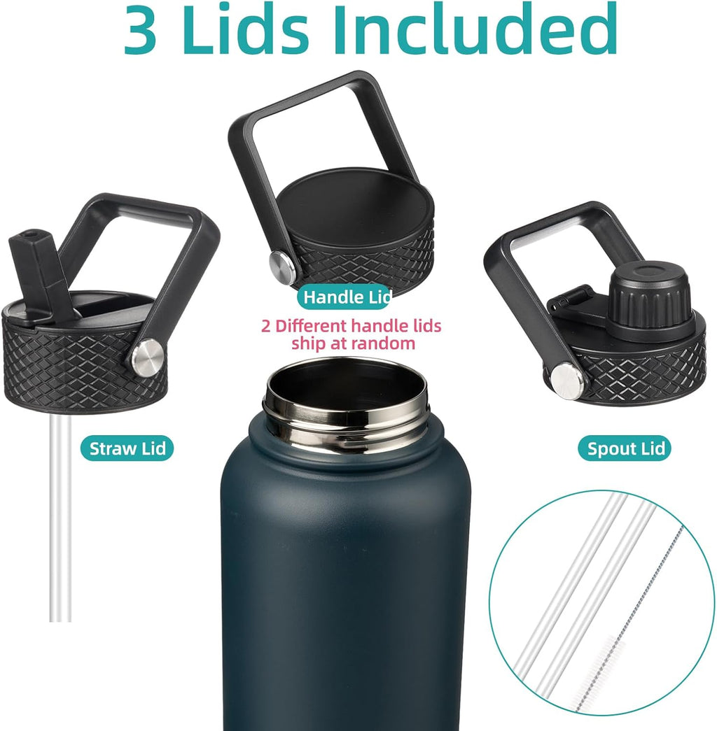 Skiennix 40oz Insulated Stainless Steel Water Bottle - Durable Sport Bottle with 3 Lids | Navy Blue