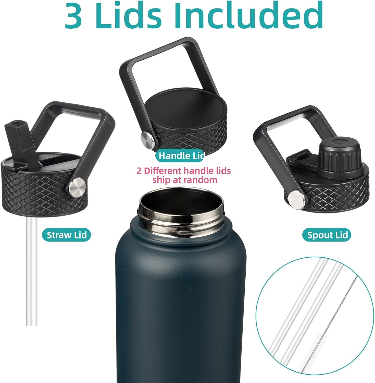 Skiennix 40oz Insulated Stainless Steel Water Bottle - Durable Sport Bottle with 3 Lids | Navy Blue