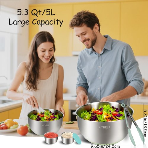 KITHELP Stainless Steel Salad Spinner Large, Vegetables Fruits Wash Bowl with Strainer, Lettuce Spinner Dryer with 5 Blades Slicer, Egg Yolk Strainer, Shredder for Efficient Salad Preparation 5.3Qt