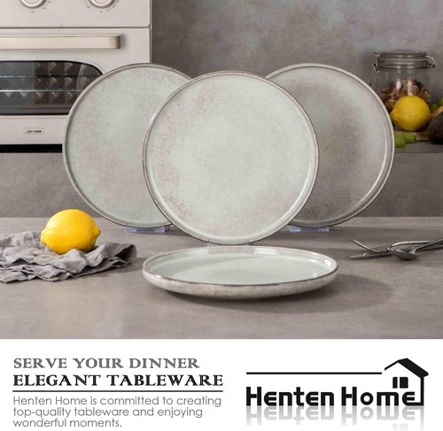 Henten Home 10-Inch Ceramic Dinner Plates - Set of 4 Fluted Porcelain Steak Plates | Scratch Resistant (Grey)