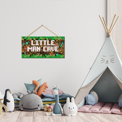 Little Man Cave, Boys Pixel Gaming Room Decor Wooden Door Sign for Gamer Room, Baby Boys Bedroom Wall Decorations for Nursery Toddler Nursery Playroom Wall Art