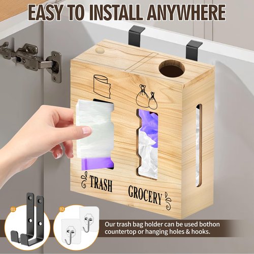 CMXZSAM 2 in 1 Trash Bag Dispenser and Grocery Bag Holder, Large Wooden Plastic Bag Holder, Wall Mount Trash Bags Holder for Grocery and Plastic Bags, Kitchen and Laundry Room Organization