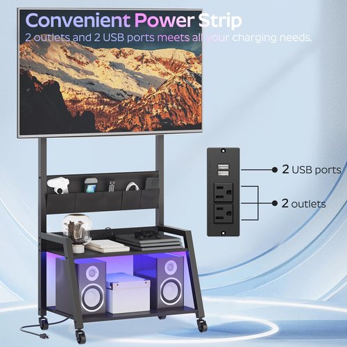 YATINEY Rolling TV Stand with Power Outlet, Mobile TV Stand with LED Light Up to 55" TVs, TV Cart with Mount, 5 Oxford Fabric Pouches, for Living Room, Meeting Room, Black DS01UDBB