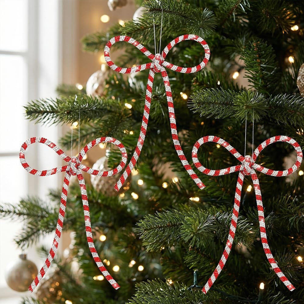 Regine Switzerland 3 Pcs Handmade Rhinestone Christmas Bow Ornaments - Glitter Candy Cane Design | Red & Silver, Small