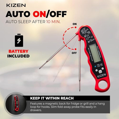KIZEN Instant Read Meat Thermometer - Digital Cooking Thermometer with Large Backlit Display | IP67 Waterproof