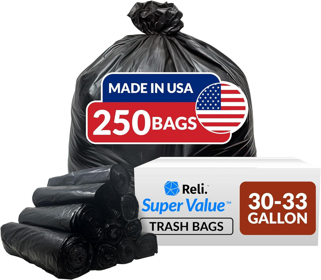 Reli. Heavy Duty 30-33 Gallon Trash Bags - 250 Count Bulk | Large Black Trash Bags Made in USA