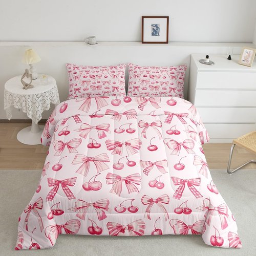 Manfei Bowknot Princess Comforter Set Full Size,Pink Bow Cherry Tropical Fruits Patchwork Bedding Set,Girls Women Room Decor,Bow-tie Girlish Dreamy Down Comforter,Pink Cute Duvet Insert,2 Pillowcases