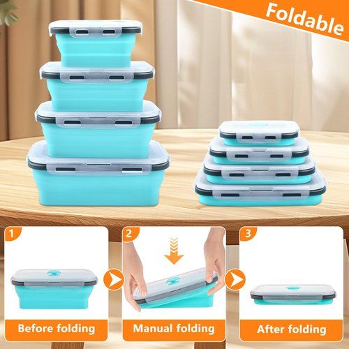 16 Pack Collapsible Food Storage Containers with Lid & Air Vent, 8 Rectangular and 8 Round Foldable Collapsible Silicone Lunch Containers Sets Bowls for Camping, Travel Trailer Must
