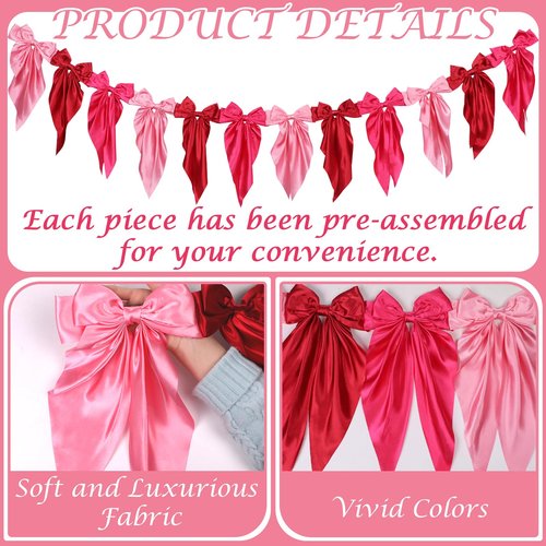 Pink Bow Garland Banner for Bachelorette Party Decorations Satin Ribbon Bow Knot Hanging Garland Banner Red Birthday Decor for Bridal Shower Wedding Engagement Party Supplies Favors (3 Red)