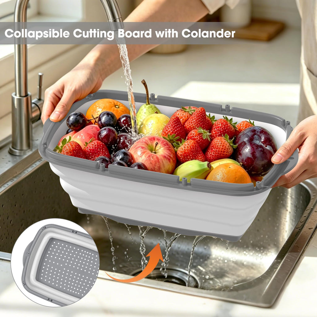 Gintan Camping Cutting Board, 9-in-1 Collapsible Chopping Board with Colander, Outdoor-Kitchen Vegetable Washing Basket for Campers, Camping Gifts Camping Accessories for RV Campers (Gray)