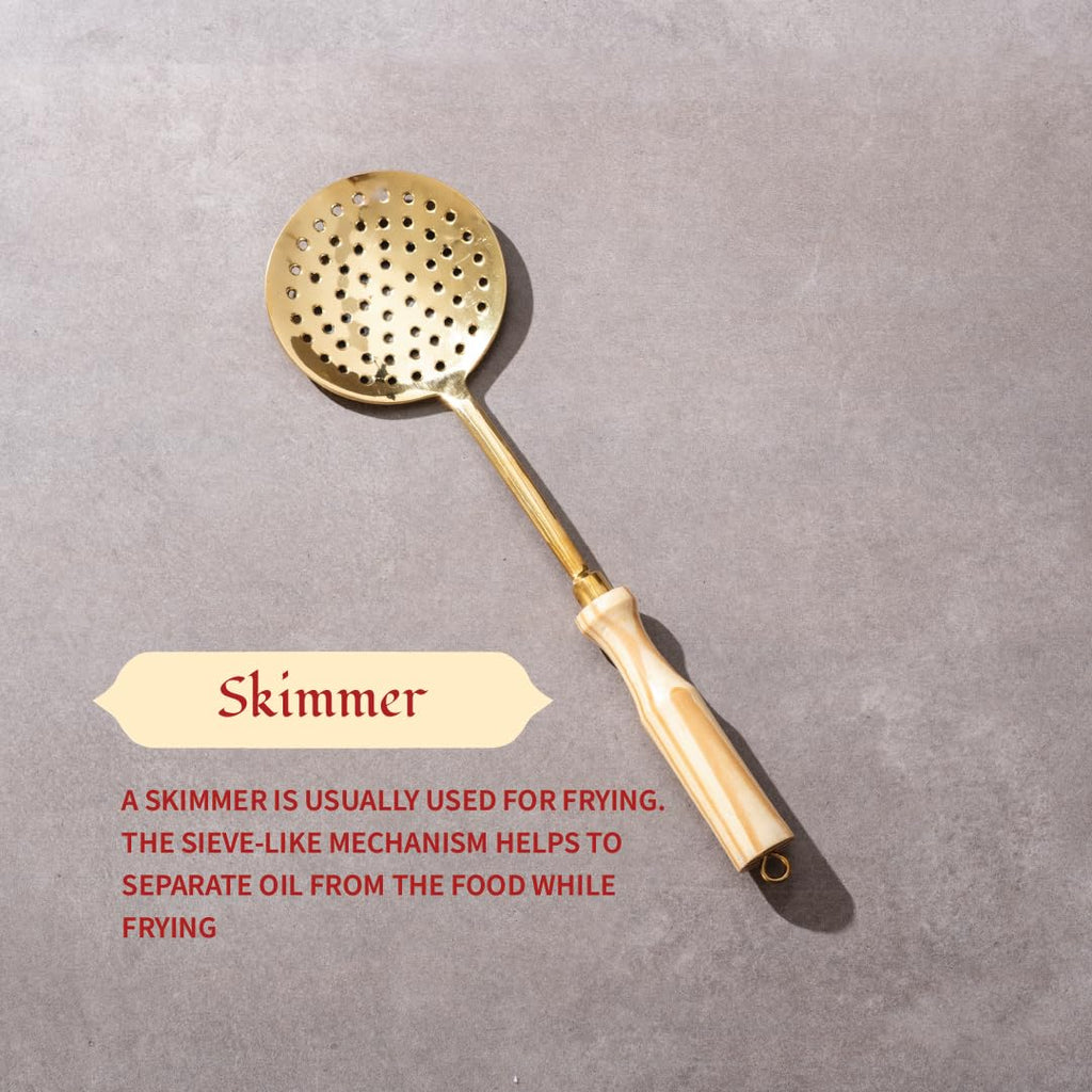 P-TAL Brass Ladle Set for Kitchen Ptal Brass Utensils Serving and Kitchen Tools Scoop Ladle Skimmer Serving Spoon Spatula Set of 4, 7 in,