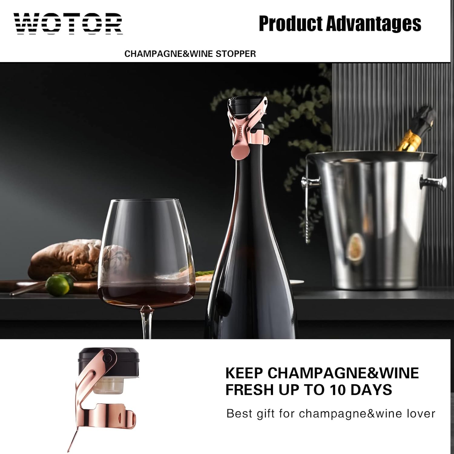 WOTOR Champagne&Wine Bottle Stoppers Stainless Steel with Food Grade Silicone, Leak Proof Keep Fresh Reusable Saver, Cork Suitable for Wine, Champagne, Cava, Prosecco and Sparkling (6 Pack Rosegold）