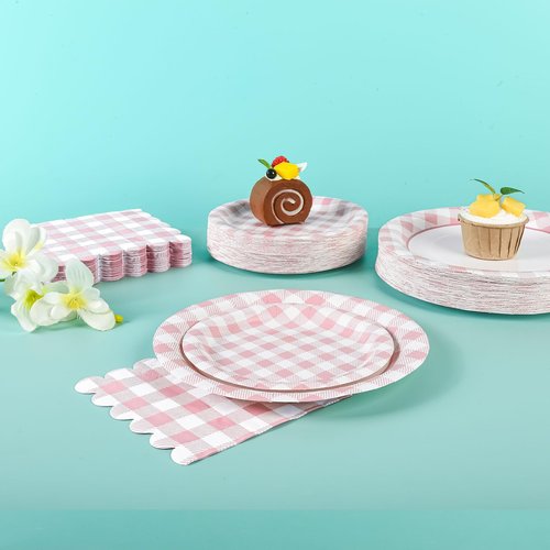 175Pcs Pink Gingham Party Supplies Pink Gingham Paper Plates and Napkins Cups Checkered Plates Disposable LightPink and White Plaid Party Decor for Birthday Family Fall Picnic BBQ,Serves 25 Guests