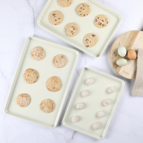 Martha Stewart Gallen 3-Piece Cookie Sheet Set - Ceramic Nonstick Baking Pans, Oven Safe to 450°F | Linen White
