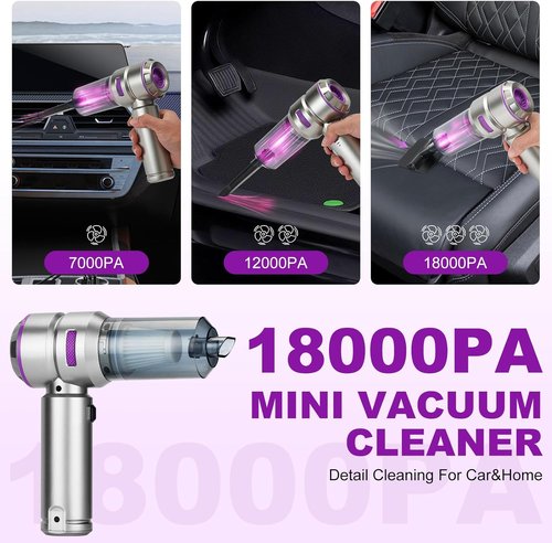 Handheld Car Vacuum - 18000PA High Power Cordless Mini Vacuum with 4-in-1 Functionality | Silver Grey & Purple
