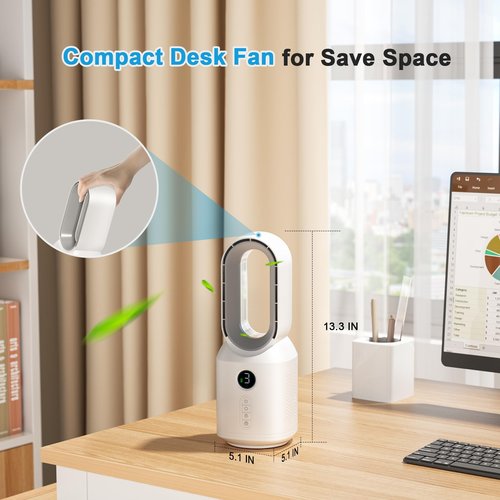 Desk Fan,13 Inch Portable Bladeless Fan, Small Quiet Office Fan with 106° Oscillating, 3 Speeds & Night light, LED Display, Button Control, Personal Table Fan for Bedroom, Office, Home, Study Room