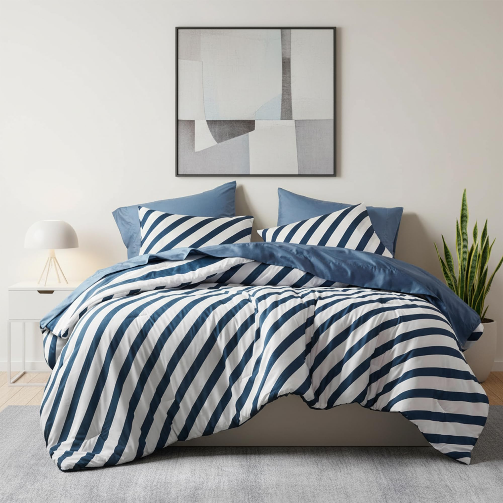 Reversible Striped Full Comforter Set-Bed in A Bag 7-Pieces Bedding Set with Double-sided Stripes Design-Warm & Cozy Bed Set Includes Full Size Comforter, Sheets Set, Pillowcases and Shams, Navy