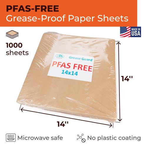 IDL Packaging 14" x 14" PFAS-Free Grease-Proof Paper Sheets, Pack of 1000, Natural Kraft - Microwave Safe Food Tray Liners - Grease-Absorbing Wrapping for Sandwiches, Cheeses, Hamburgers, etc.