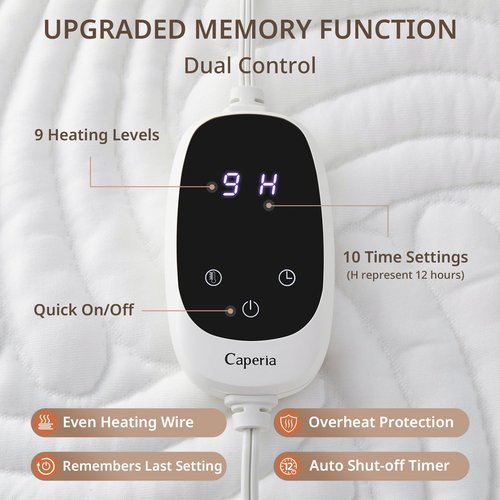 Caperia Heated Mattress Pad Queen, Electric Mattress Pad Bed Warmer with 9 Heat Settings, Memory Function, 1-12 Hours Auto Off, Deep Pocket, Machine Washable, 60"x 80"