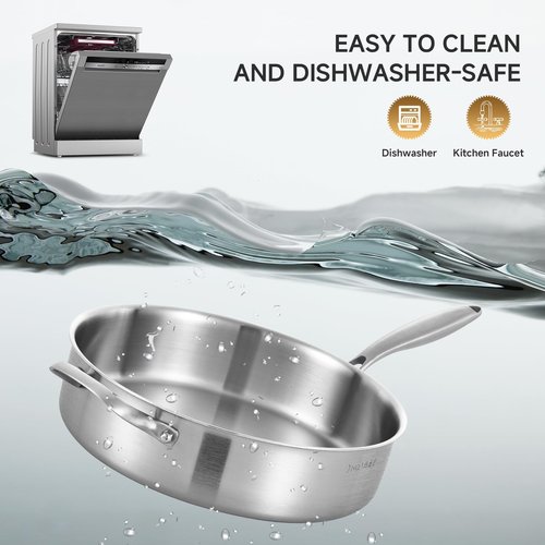 Inqibee Stainless Steel Saute Pan with Lid, 7 QT 12 Inch Tri-Ply Stainless Steel Deep Frying Pan, Large Skillet, Induction Compatible, All Cooktops, Oven & Dishwasher Safe
