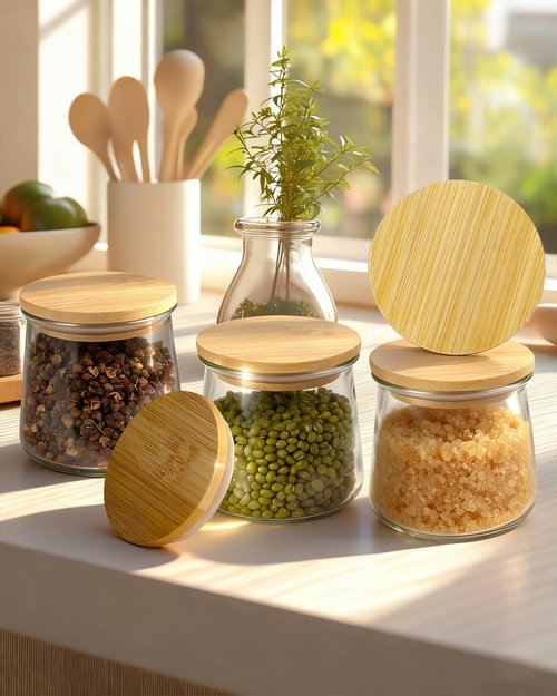 TERESRY 8 Pack Oui Yogurt Jar Lids with 8 Labels, Food-Grade Bamboo Lids for 5Oz Oui Yogurt Jars, Reusable Wooden Canning Covers Perfect for Oui Yogurt Bottle with Airtight Seal Ring(Jar not Included)