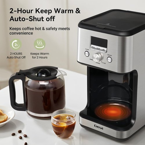 Gevi 14-Cup Programmable Coffee Maker - Drip Machine with Strong Brew & Glass Carafe | Silver Finish