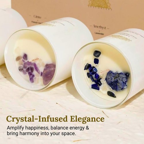 AVACONCEPT Amethyst & Smoky Quartz Crystal Candle Gift Set - 2-Pack Hand-Poured Soy Wax - Lavender Vanilla & Sea Salt Driftwood Aromatherapy Candles (3, Ametyst & Citrine & Lazurite)