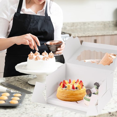 JCD 8 Packs Bento Cake and Cupcake Box 3 Holes Fit 2 Cupcakes and 1 Mini Cake Box with Clear Window and Stickers for Wedding Birthday Party Bakery Baking Supplies (1+2/8pcs)