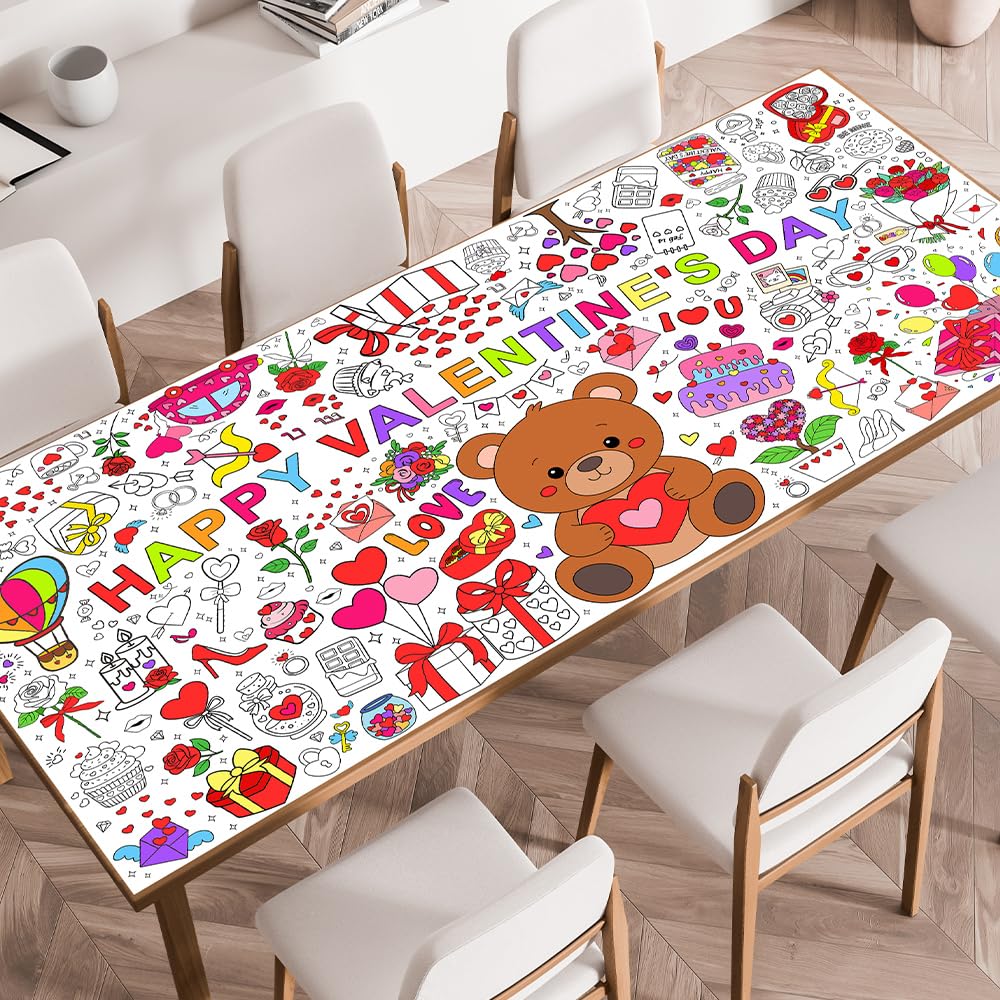 Valentines Tablecloth Decorations, Valentines Crafts for Kids, Essentials Valentine Day Coloring Games Activities Gifts Poster Banner Table Cover for Valentine Children Family School Party Decor