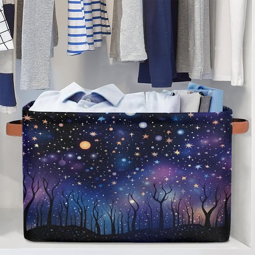 HSYOYO Galaxy Night Forest Storage Basket with Handles Collapsible Storage Bins Rectangular Toy Storage Organizer Box Fabric Shelf Baskets for Nursery Bedroom Bathroom 1PC