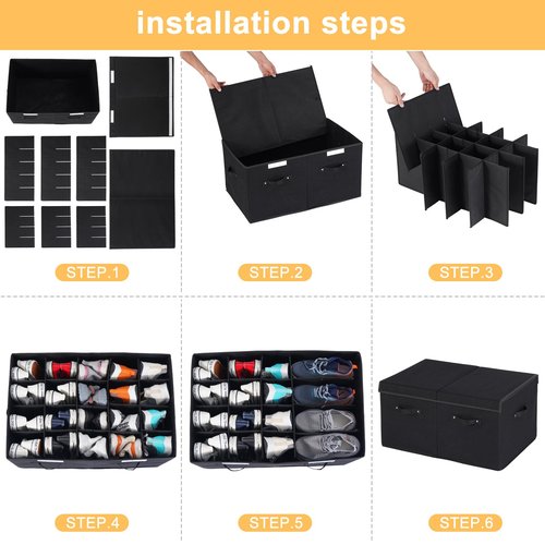 FBBABB Large Shoe Organizer for Closet Fits 20 Pairs, Shoe Storage Box Bins Containers with Lid and Adjustable Dividers for Shoes, Sneakers and High Heeled, Hard Shell and Stackable （Black）