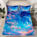 Cherry Blossoms Fitted Sheet Twin Size,Moonnight Cloud Starry Sky Bedding Set,Girls Women Room Decor,Sakura Flowers Chinese Style Bed Cover,Pink Blue Romantic Bed Sheet,1 Pillowcase(No Top Sheet)