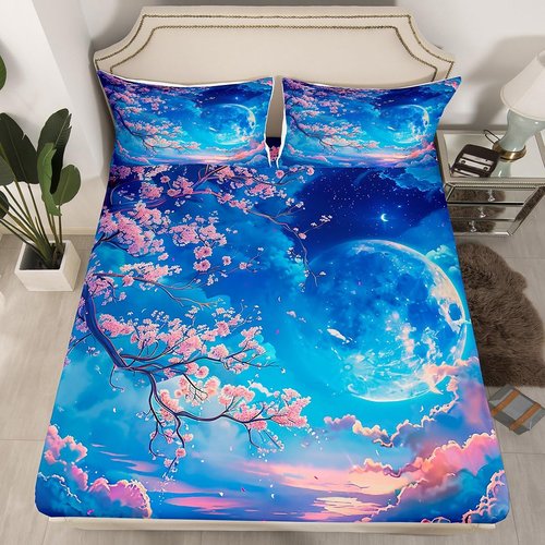 Cherry Blossoms Fitted Sheet Twin Size,Moonnight Cloud Starry Sky Bedding Set,Girls Women Room Decor,Sakura Flowers Chinese Style Bed Cover,Pink Blue Romantic Bed Sheet,1 Pillowcase(No Top Sheet)