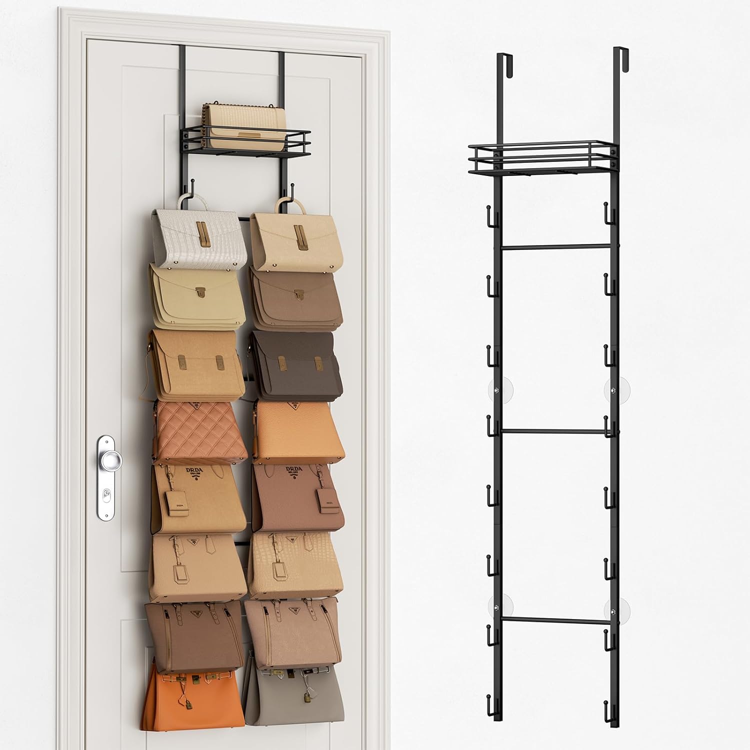SWTYMIKI Over The Door Purse Organizer - Wall Mounted Handbag Storage Rack with 16 Hooks & Metal Basket