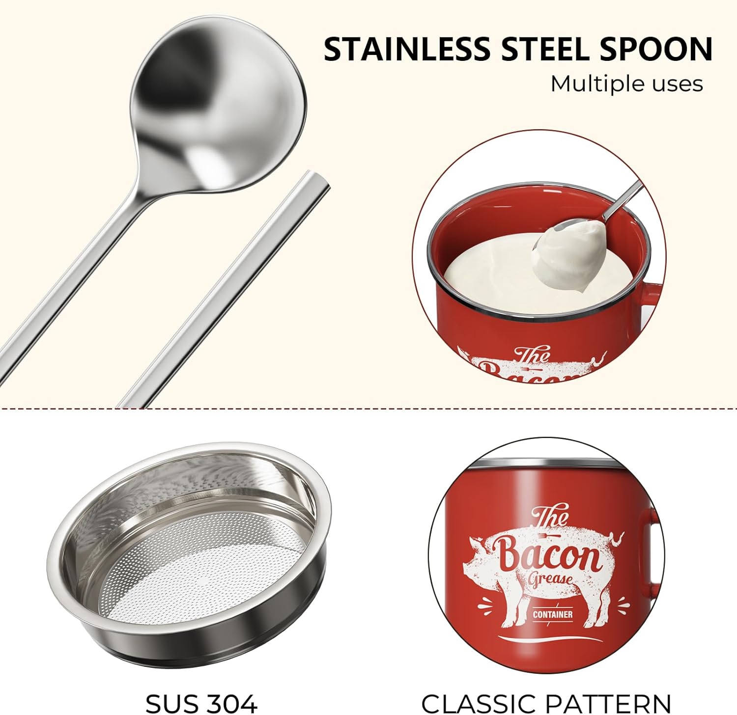 PGYARD Mini Bacon Grease Container - 15oz Enamel Strainer for Kitchen Fat Storage | Dishwasher Safe - Red