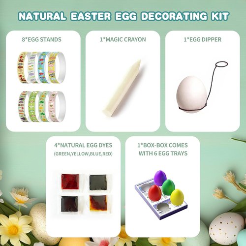 Natural Easter Egg Decorating Kit by [Brand Name] - Non-Toxic 4 Liquid Colors, 6 Holders & 8 Stands